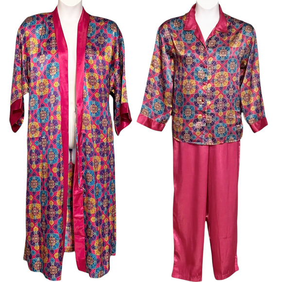 Vintage Delicates Satin Pajama Set Colorful Pink Paisley PJs & Robe Medium 12-14 - Picture 1 of 16